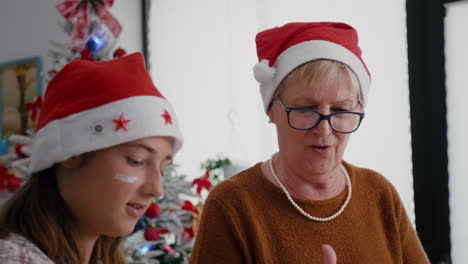 portrait of grandmother with granddaughter wearing santa hats