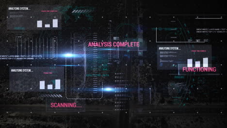 Animation of data processing on screen over cityscape