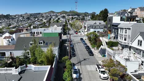low flyover shot of noe valley neighborhood in san francisco california