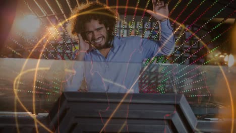 animación digital que muestra a un discotequista sonriente mezclando música en un pub 4k