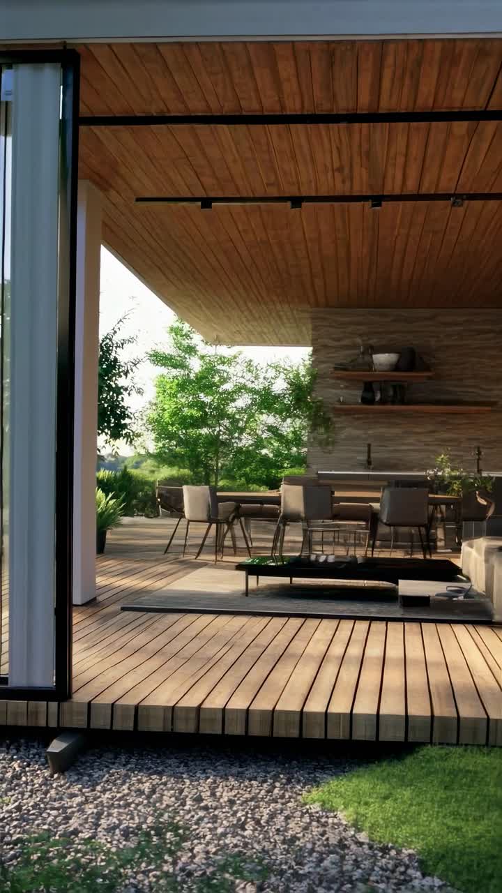 Modern outdoor patio with wooden decking and furniture, captured from a low angle