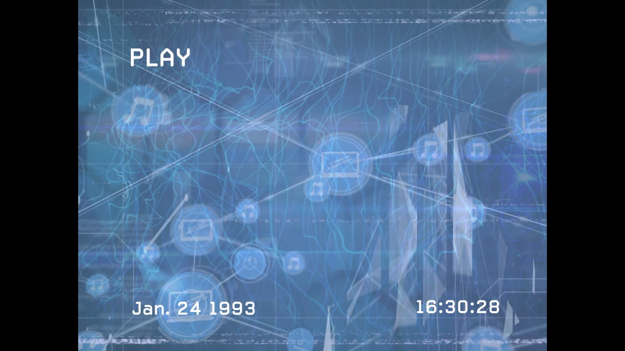 파란색 배경에 디지털 아이콘과 디지털 파동의 네트워크를 통해 vhs 장애 효과의 애니메이션