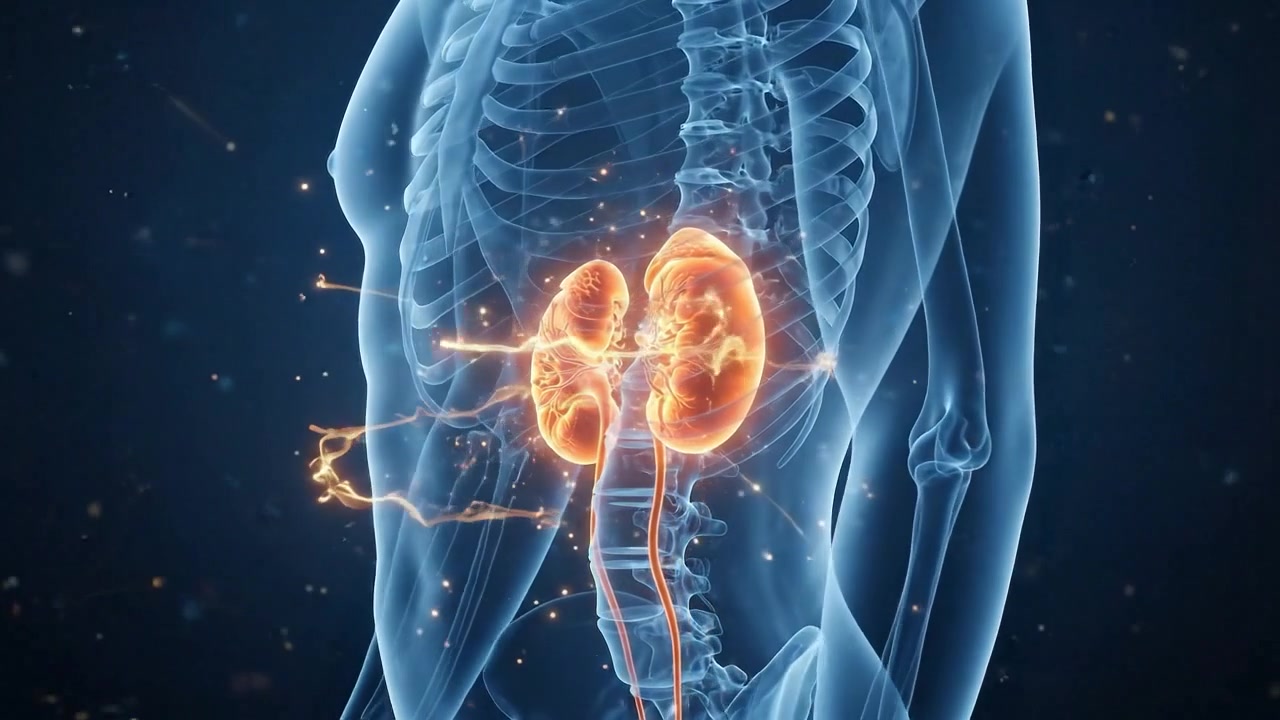 Human kidney medical animation with illuminated renal organs
