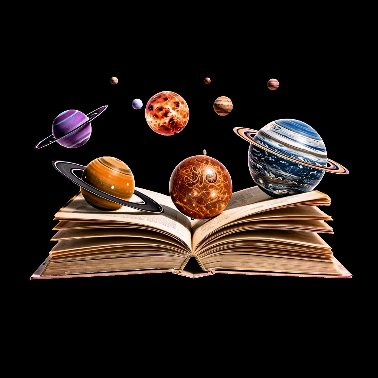 Planets emerging from book animation isolated asset, transparent 4K video, alpha channel, ProRes
