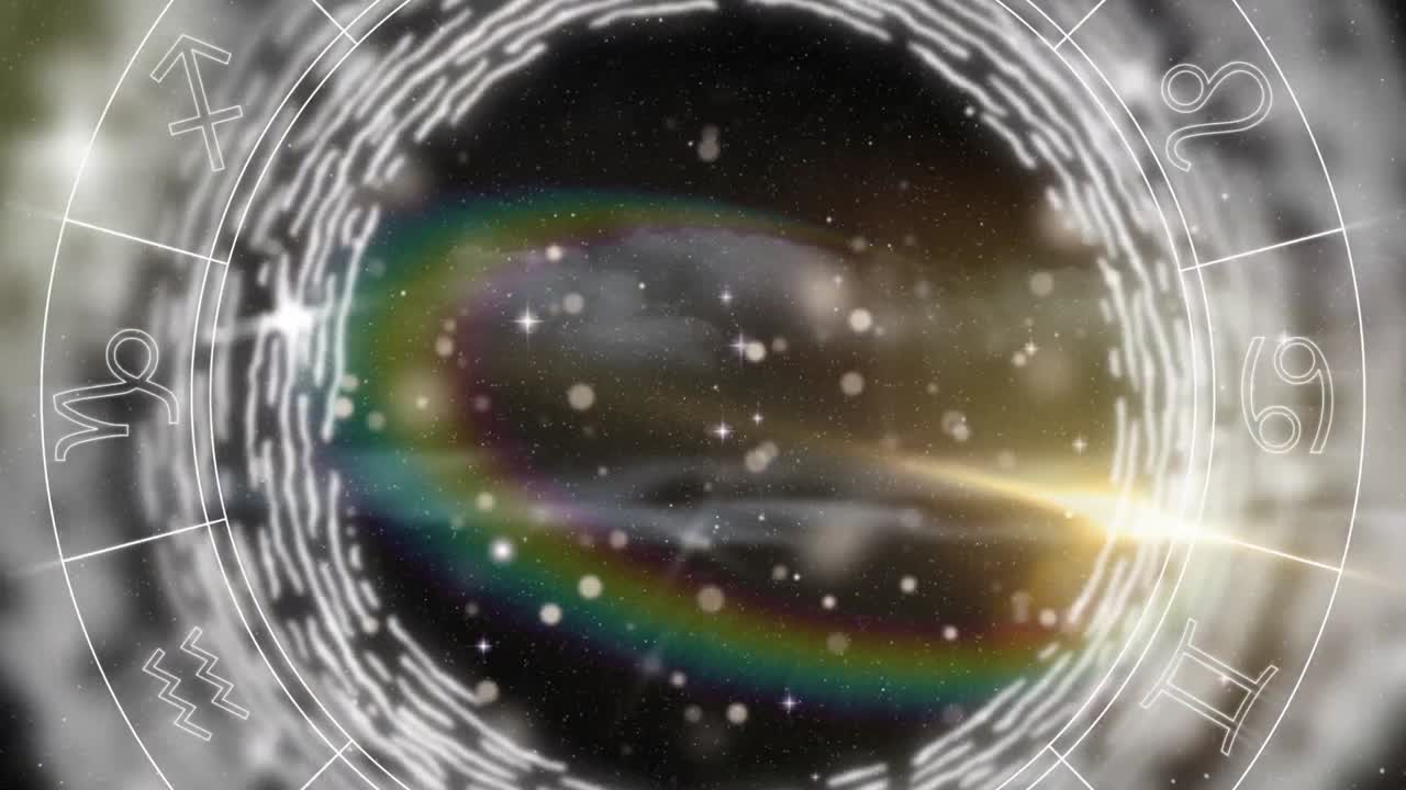 animación de la rueda del signo de la estrella giratoria con manchas de luz parpadeantes sobre un fondo negro