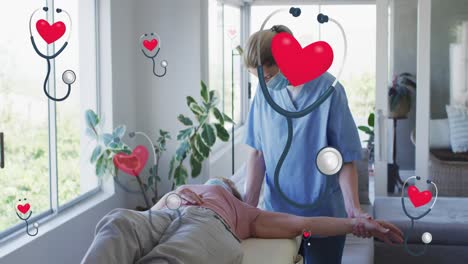 Animation-of-sthetoscope-with-heart-over-caucasian-nurse-and-patient-exercising