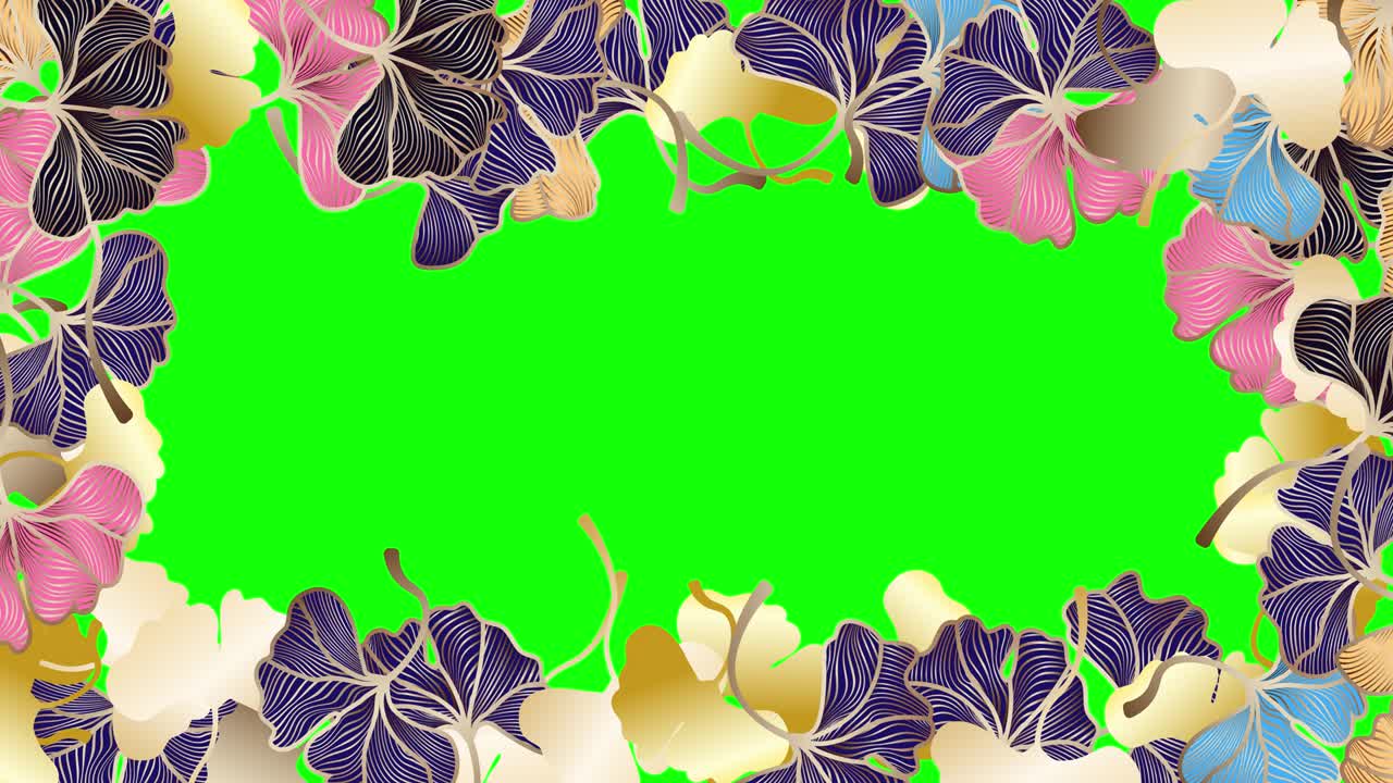 Animated beautiful flying Ginkgo biloba leaves pattern. Frame with colorful leaves of ginkgo bilboa on green screen. Floral design. 4k graphic motion
