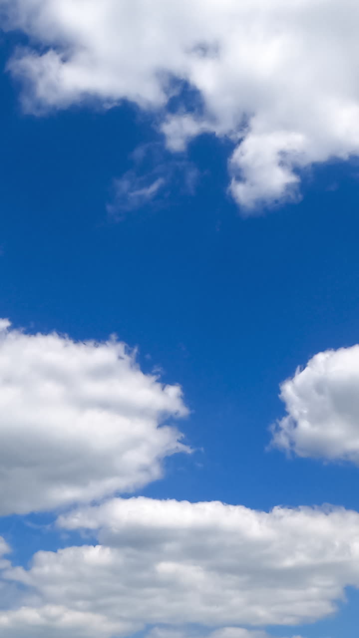White soft clouds quickly transforming in the sky. Low angle view timelapse on summer daytime. Vertical video