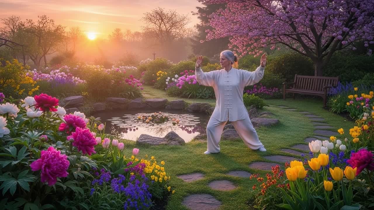A Serene Morning of Tai Chi Practice Amidst a Blooming Garden: Embracing Tranquility and Harmony with Nature as the Sun Rises Over Vibrant Flowers