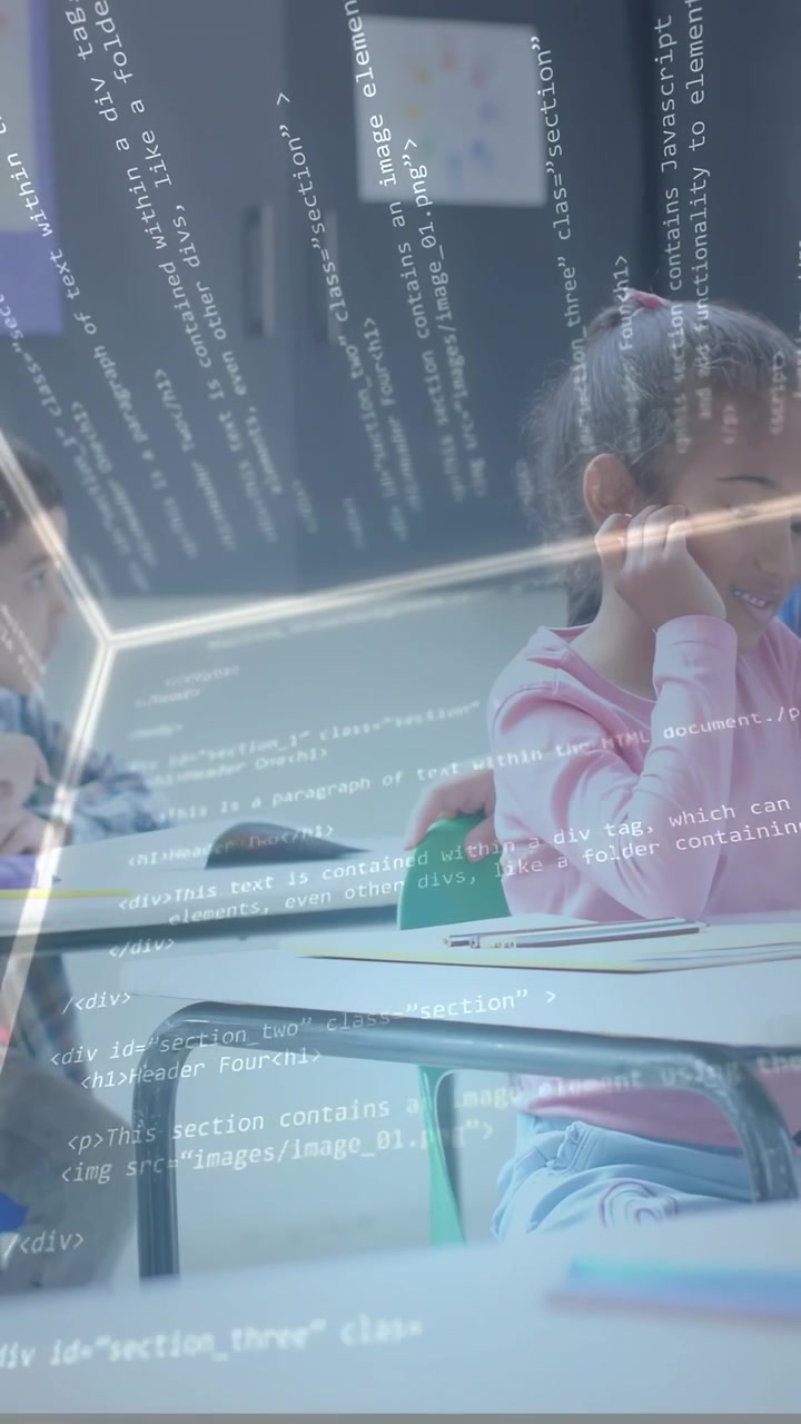 Vertical video: Girl in pink resting hand by face as camera panning, code overlay showing education
