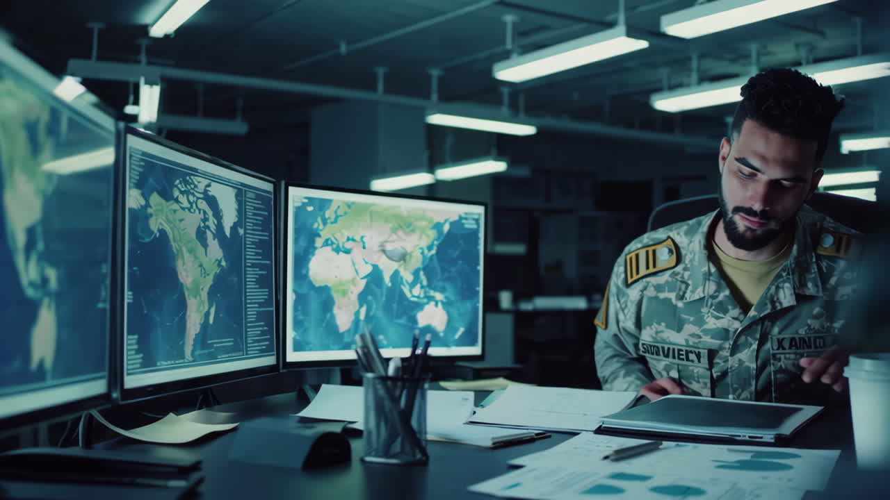 Soldier Analyzing Data in a High-Tech Control Room