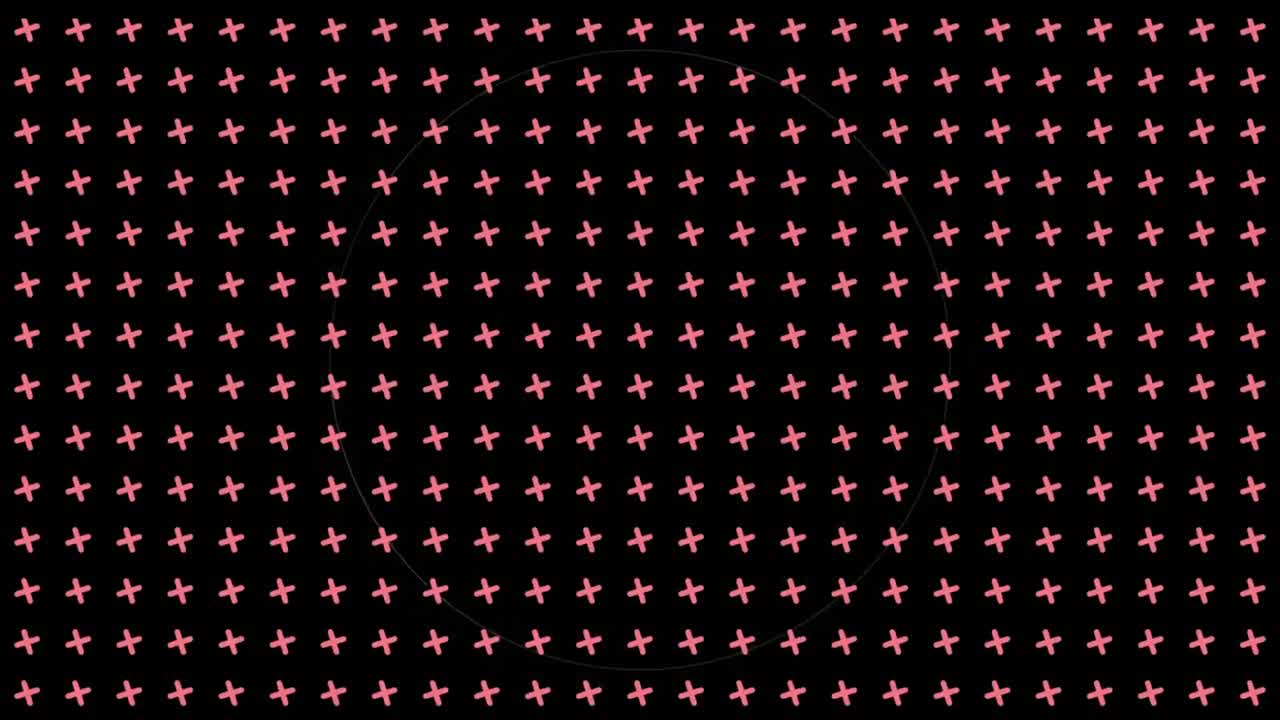 Animation of flashing white data loading rings over grid of rotating pink crosses on black