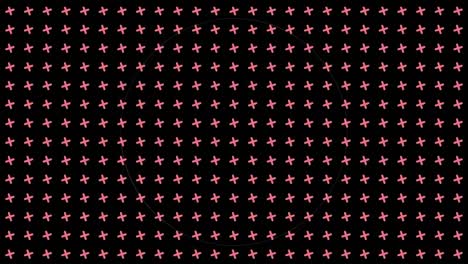 Animation-of-flashing-white-data-loading-rings-over-grid-of-rotating-pink-crosses-on-black