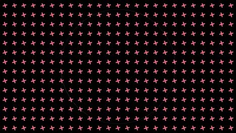 animation of flashing white data loading rings over grid of rotating pink crosses on black