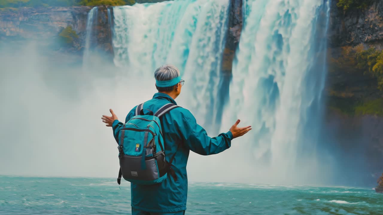 Persona che si gode un paesaggio panoramico con cascata