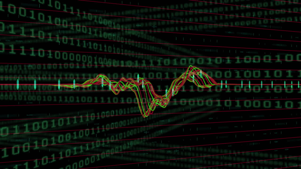 Red and green graphs moving against binary number data processing