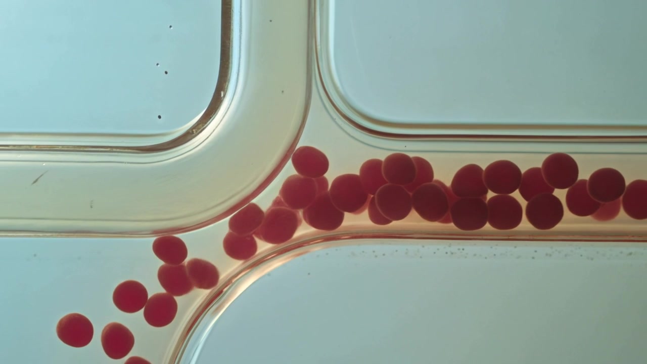 Flow pushing train of red beads rounding curve in microfluidic channel, entering lower branch