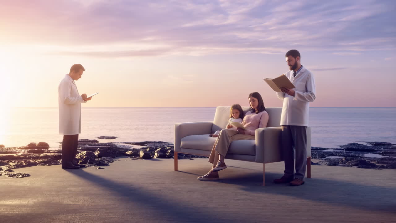 Healthcare Professionals and Family in a Surreal Coastal Landscape