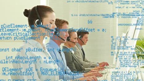 Animation-of-data-processing-over-business-people-using-phone-headsets