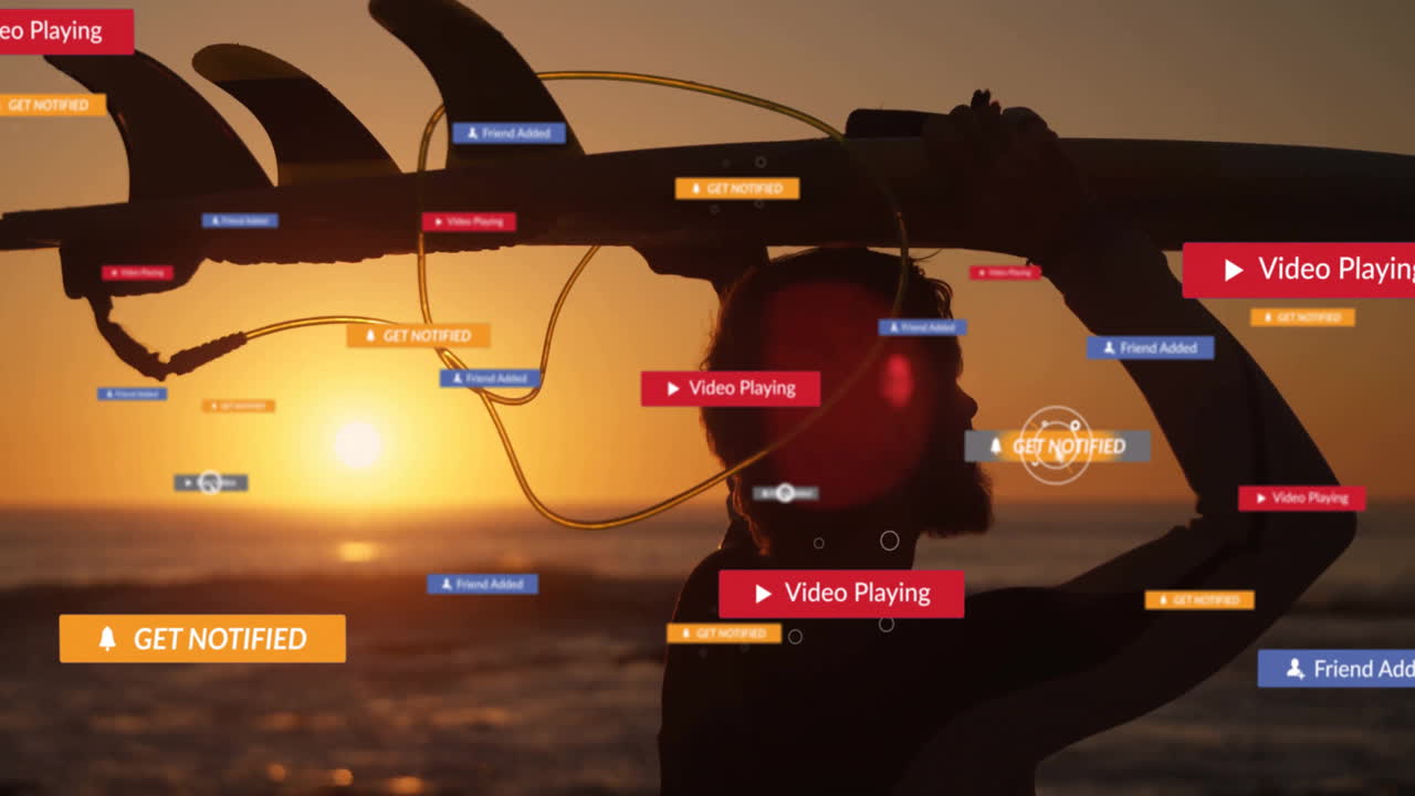 Silhouetted surfer lifting surfboard on beach during sunset, featuring marketing themed UI overlays