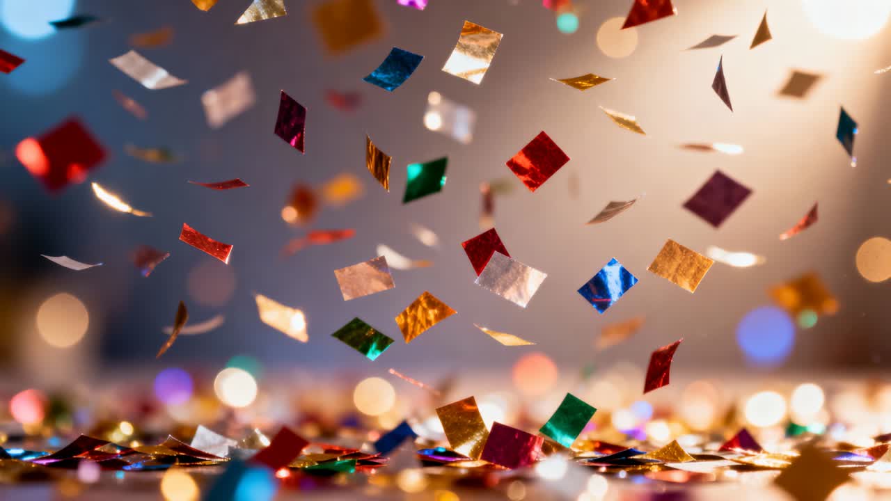 Confettis métalliques et en papier tombant, tourbillonnant et se déposant sur une table réfléchissante après avoir été lancés, avec un effet bokeh.