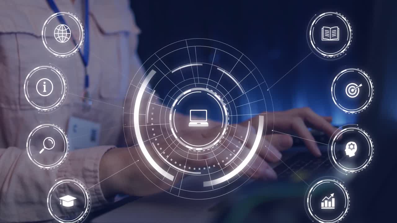 animación de iconos educativos que caen sobre una persona que usa una computadora portátil