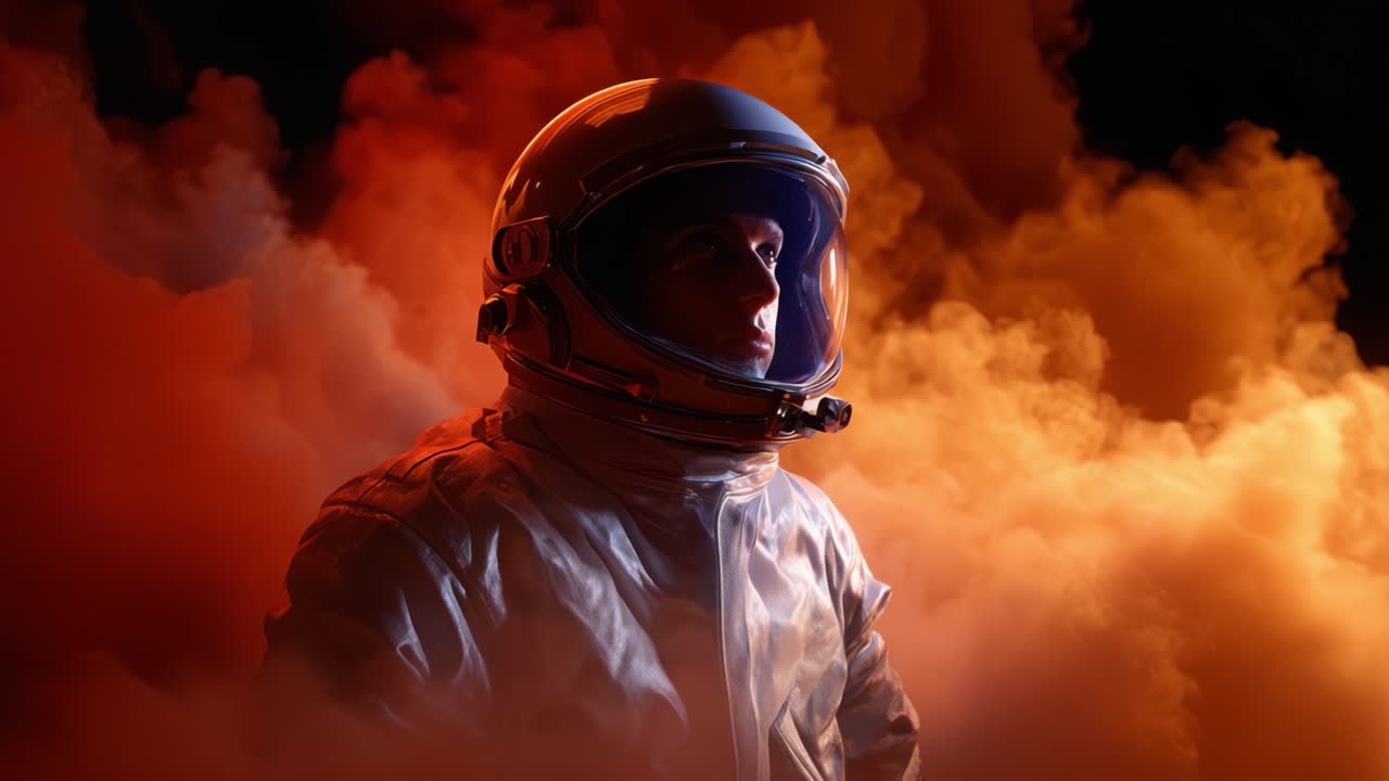 En astronaut står i en dramatisk scene fyldt med levende røg, hvilket fremhæver temaet udforskning, undren og det ydre rums uendelighed