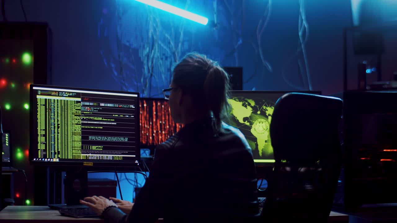 Back View On The Young Woman Sitting And Working At The Computer In The Dark Room With Technologies, Hacking The System And Laundring Data