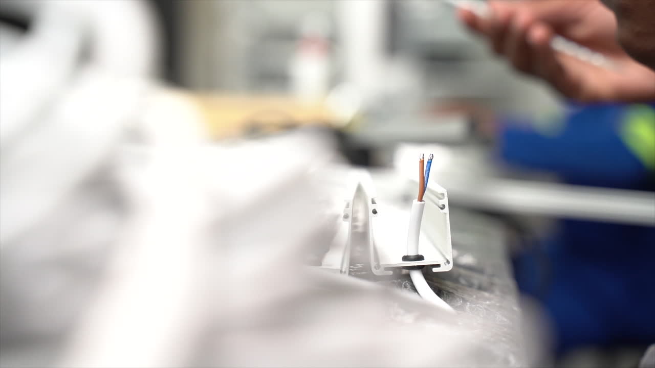 Slow motion shot of person preparing to solder cables. Low angle.