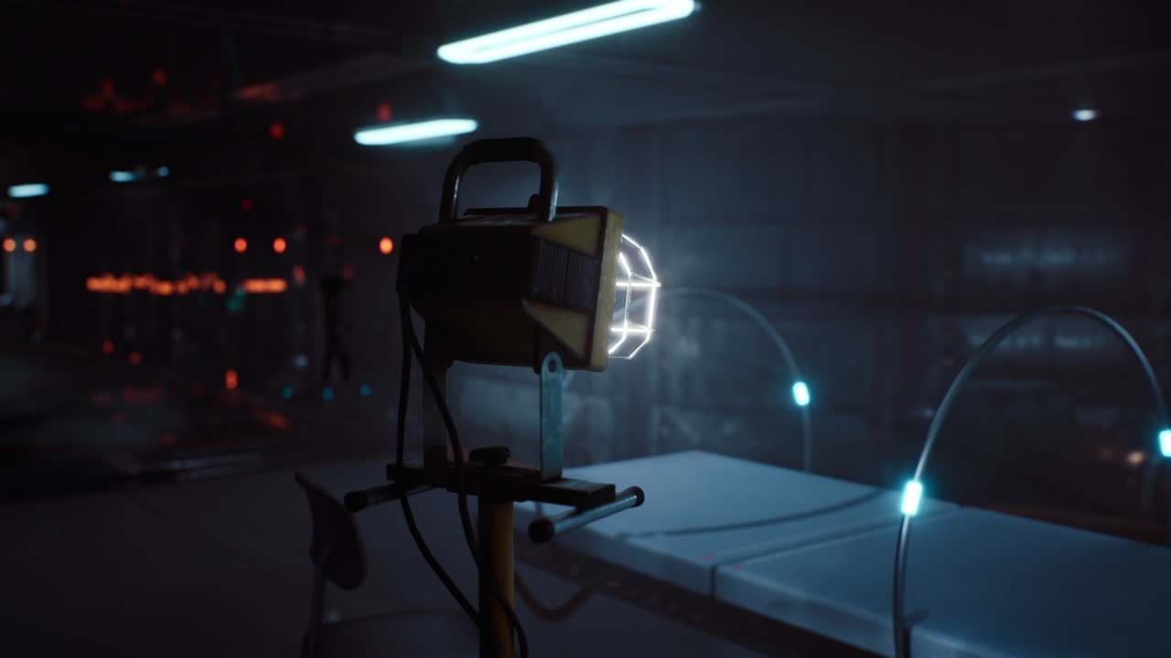 Advanced laboratory setup with high tech equipment illuminated by blue light