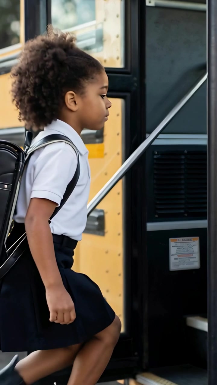 Vertical video: Boarding girl in uniform at bus curb door opening, backpack on to school