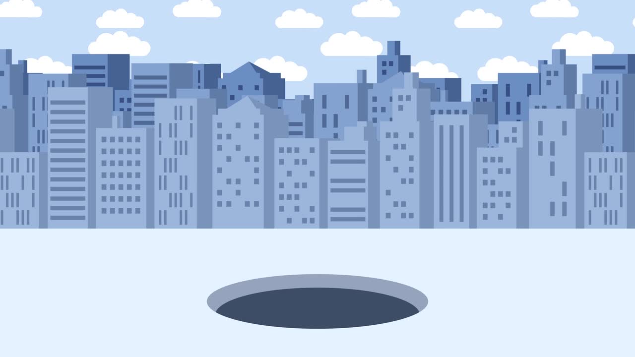 Donna d'affari che cade nel buco. Sfondo di edifici. Concetto di rischio. Illustrazione in loop in stile piatto.