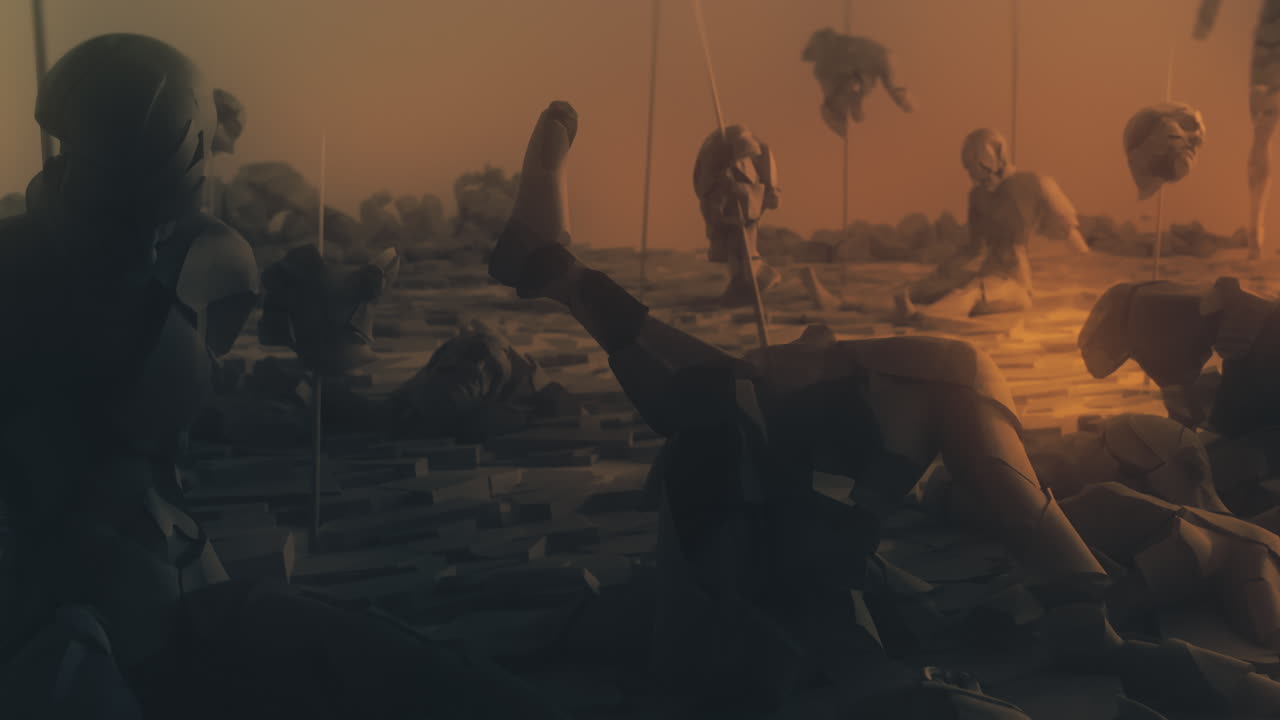 Destroyed andorids on a junkyard in yellow light