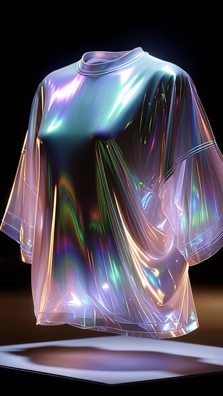 Iridescent Fashion: A Stunning Display of a Glossy Transparent Shirt Captured from Different Angles, Highlighting Its Unique Texture and Colorful Sheen