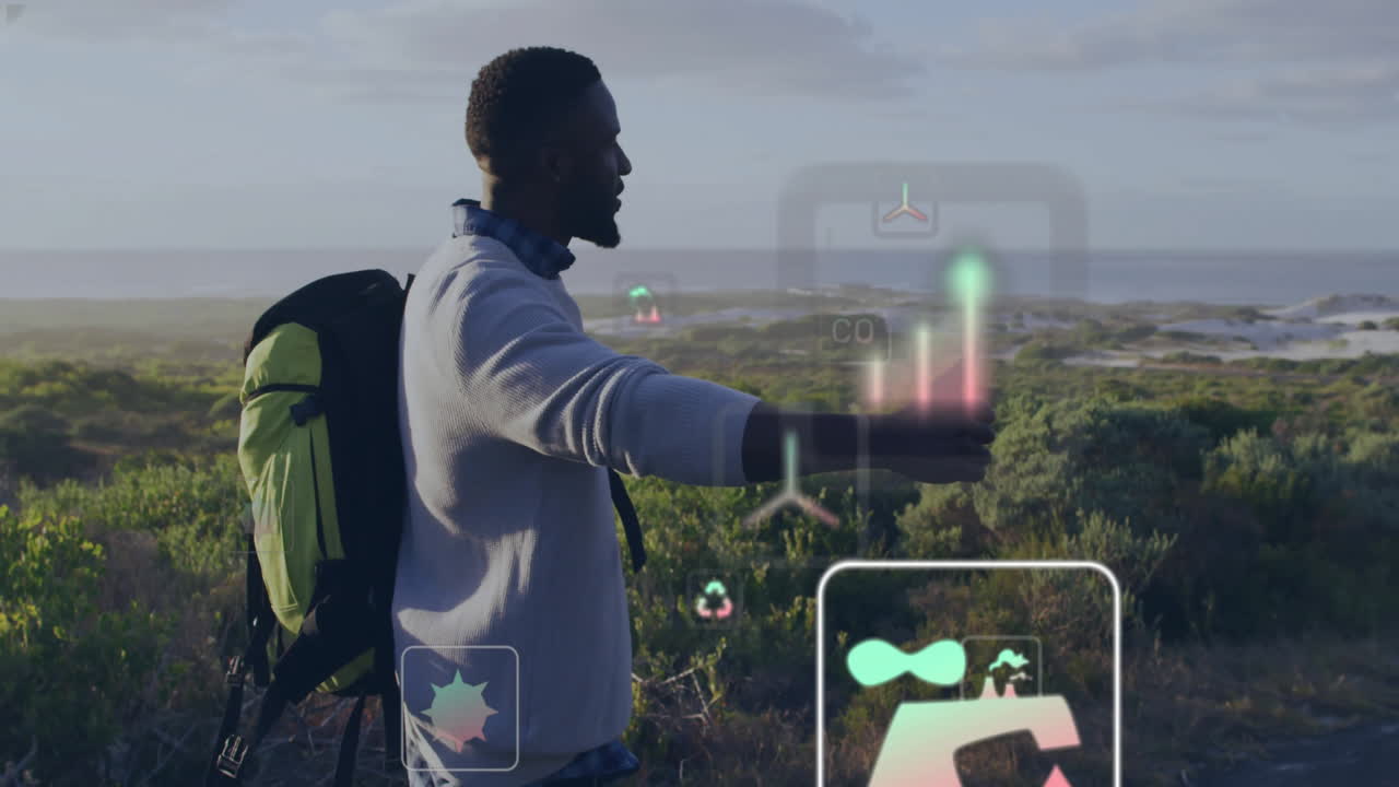 senderismo en la naturaleza, el hombre interactuando con la animación de datos ambientales