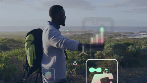 hiking in nature, man interacting with environmental data animation