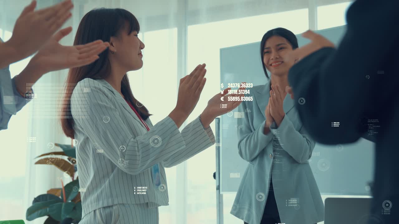 Business people in corporate staff meeting with envisional graphic