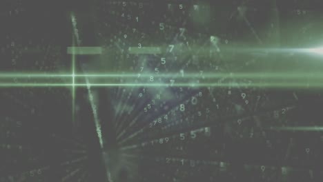 Animation-of-green-binary-code-and-lights-on-black-background