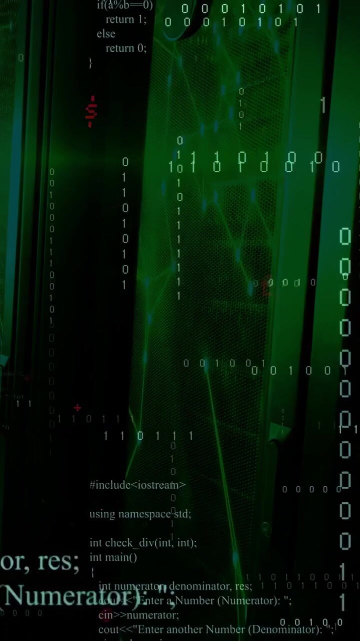 Tall green mesh panel pulsing, starting binary streams and red icons for tech designers, marketers
