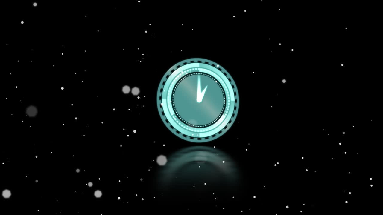 Animation of falling confetti and clock over black background