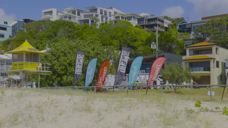 colorful flags and beachside festival setup