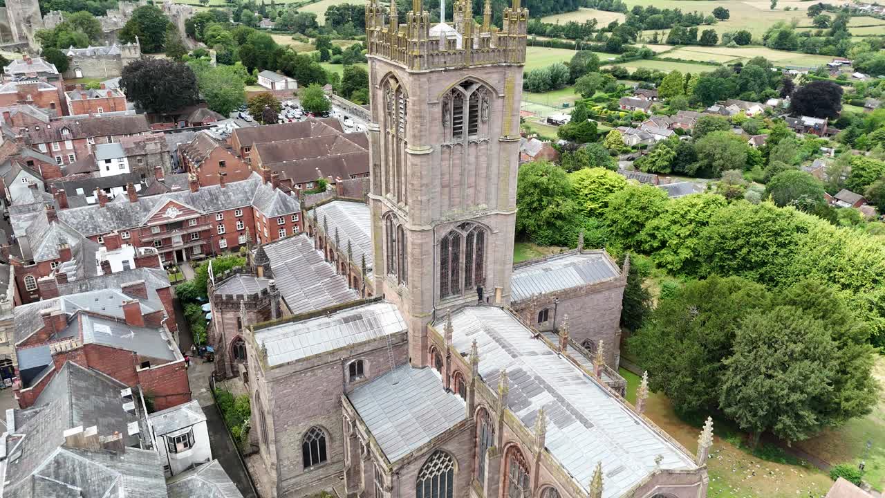 St Laurence's Church, Ludlow UK pull back drone aerial reverse reveal