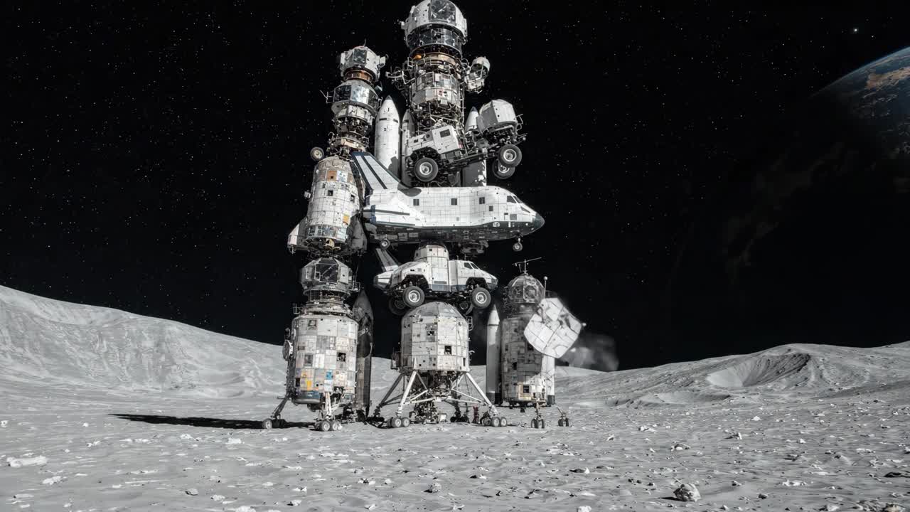 月面に組み立てられた複雑な宇宙船タワー