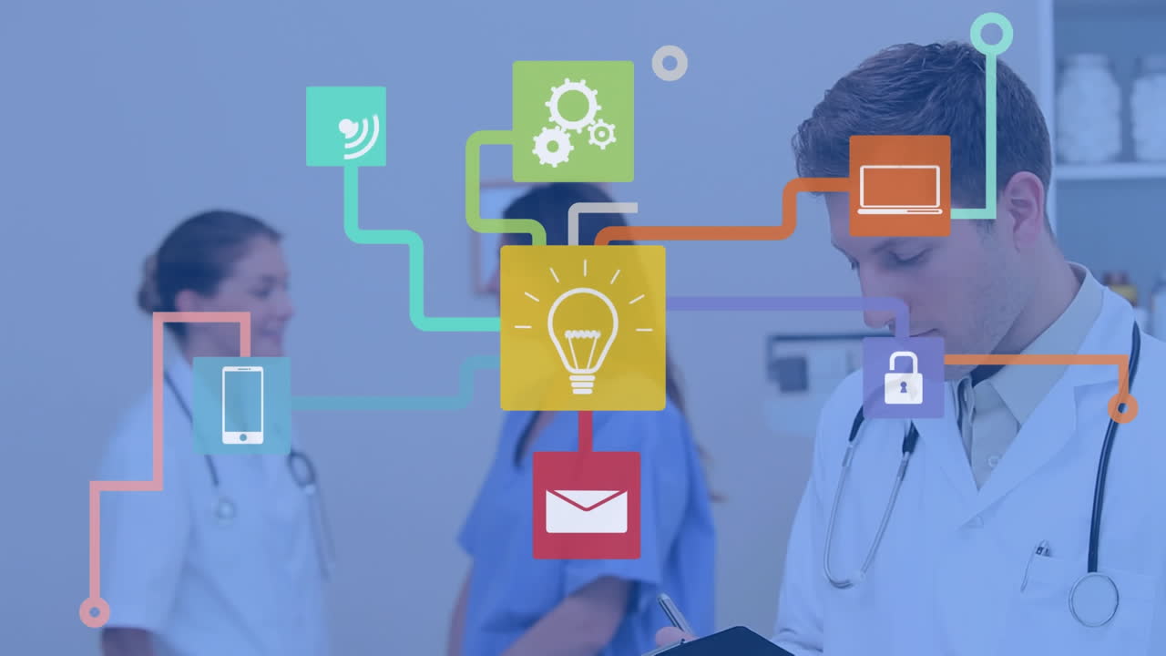 animación de una red de iconos digitales sobre un médico caucásico que escribe en un clipboard en un hospital