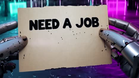 robot holding a sign saying "need a job"