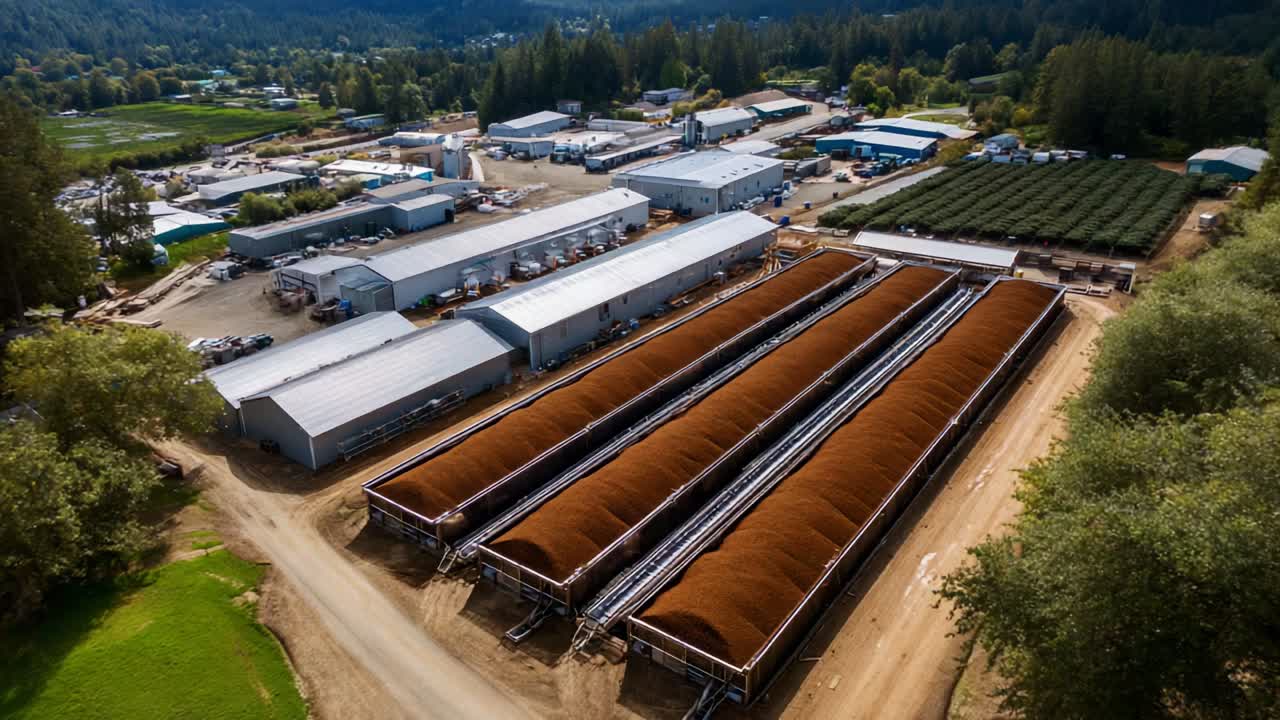 Aerial View of Industrial Facility with Large Storage Piles and Outbuildings Surrounded by Lush Greenery, Highlighting Efficient Operations in a Scenic Landscape