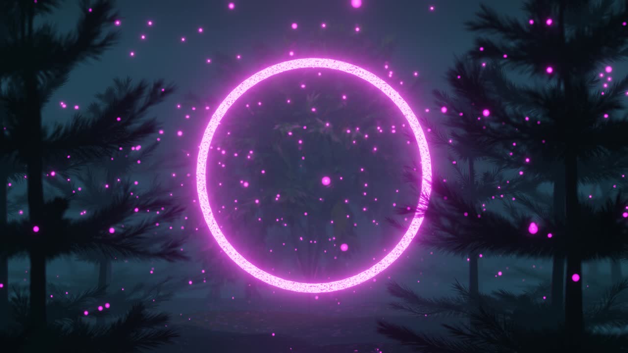 4K video animation of neon circle and bright colorful lights seamless loop between magical Forest landscape scenery with trees movement due to wind and heavy foggy environment.