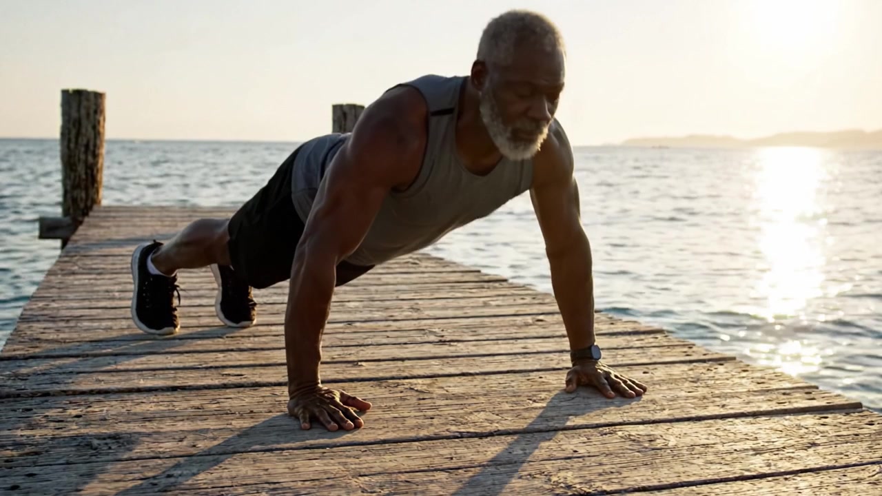 An inspirational scene of an older man performing push-ups on a tranquil dock at sunset, exemplifying strength, dedication, and fitness amidst nature's beauty.