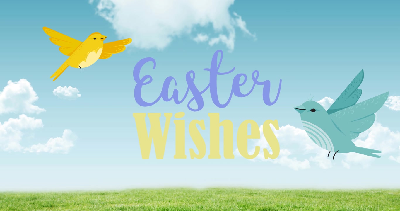 Animation of easter wishes text with two flying birds on blue sky