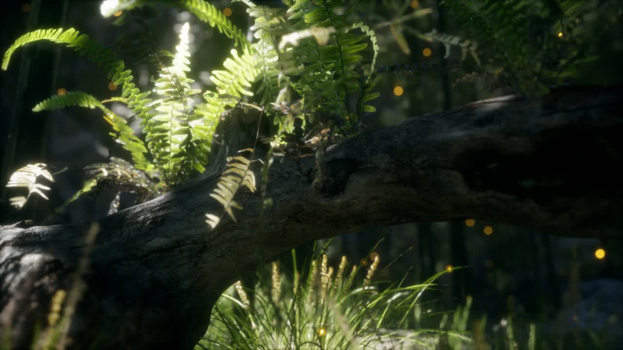 horizontally bending tree trunk with ferns growing, and sunlight shining